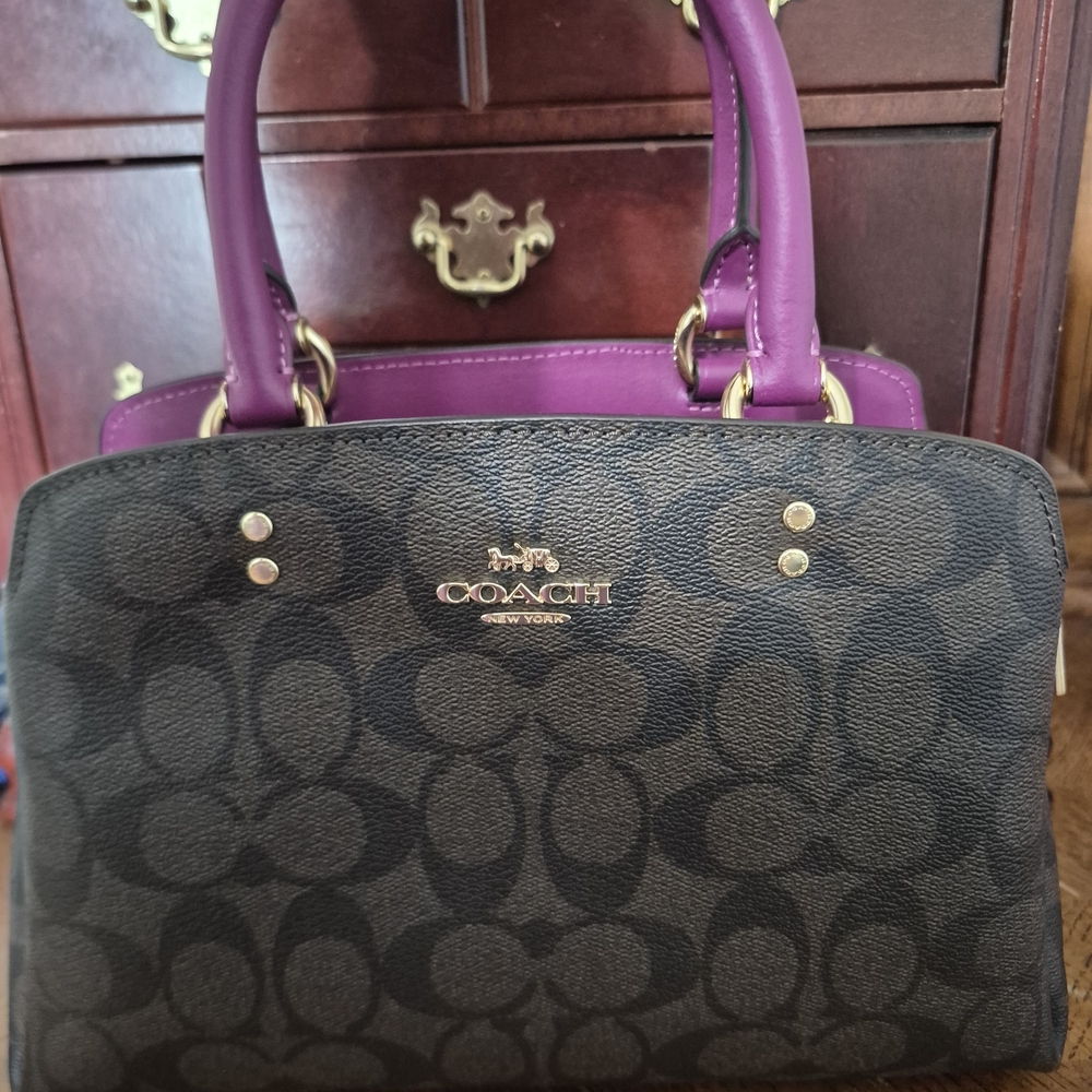COACH Signature Canvas Satchel with Purple Handles
